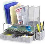 SimpleHouseware Mesh Desk Organizer with Sliding Drawer, Double Tray and 5 Upright Sections, Black